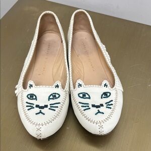 Charlotte Olympia White Leather Cat Face Ballet Flats